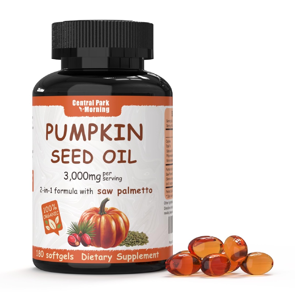 Pumpkin Seed Oil with Saw Palmetto Softgels, 3000mg Per Serving – Cold Pressed, Essential Fatty Acids & Phytosterols, Supports Hair Growth & Prostate Health, 180 Softgels, Non-GMO