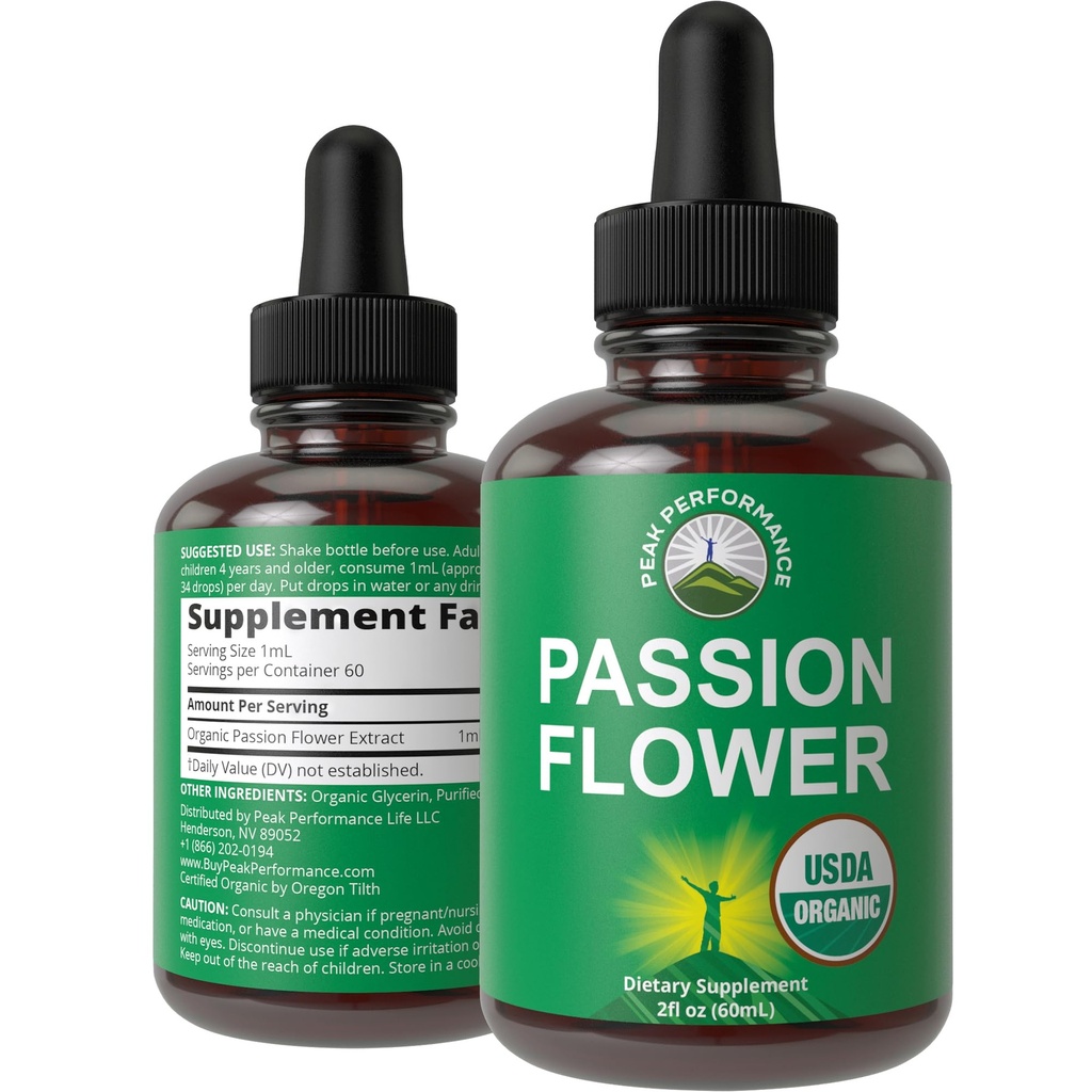 USDA Organic Passion Flower Extract Vegan Liquid Drops with High Bioavailability for Women and Men. Organic Passionflower Supplement with Zero Sugar and Gluten Free. for Calm, Relaxation Support.