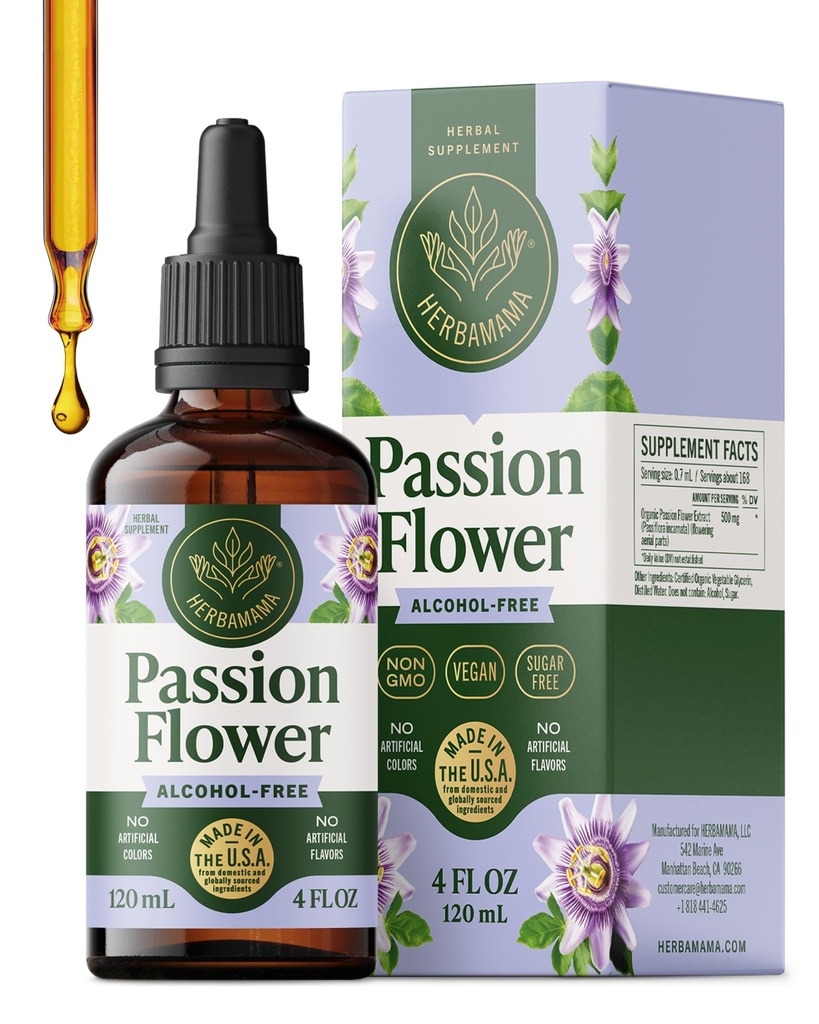 HERBAMAMA Passion Flower Extract for Stress Relief & Relaxation – Passionflower Tincture for Sleep & Cortisol Support – Vegan, Alcohol & Sugar-Free Passiflora Incarnata Calm Drops, 56-Day Supply