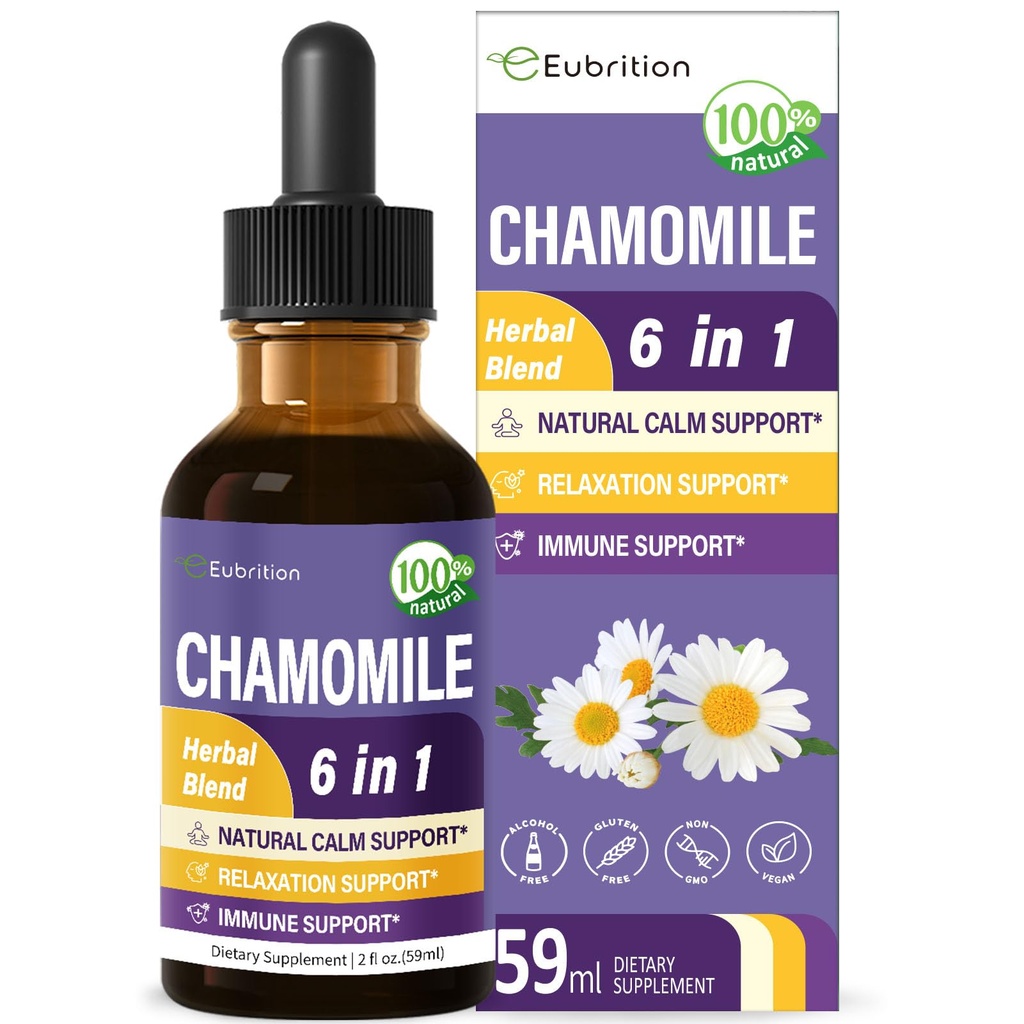 Chamomile herb Extract Drops, Natural Calm Herbal Tincture Supplement w/Passion Flower, St. John's Wort, Lavender, Reishi, & Echinacea for Relaxation Support & Immune Support. 2oz