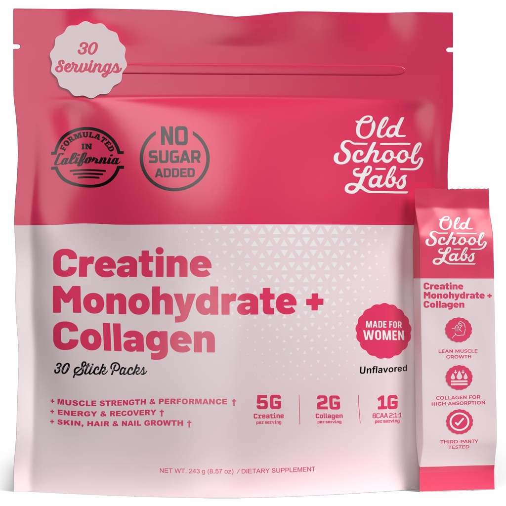 Old School Labs Creatine for Women – Post-Workout Supplement with 5000mg Creatine Monohydrate Powder, 2000mg Collagen & BCAA 2:1:1 for Strength Support & Recovery – Unflavored - 1 Ounce (Pack of 30)