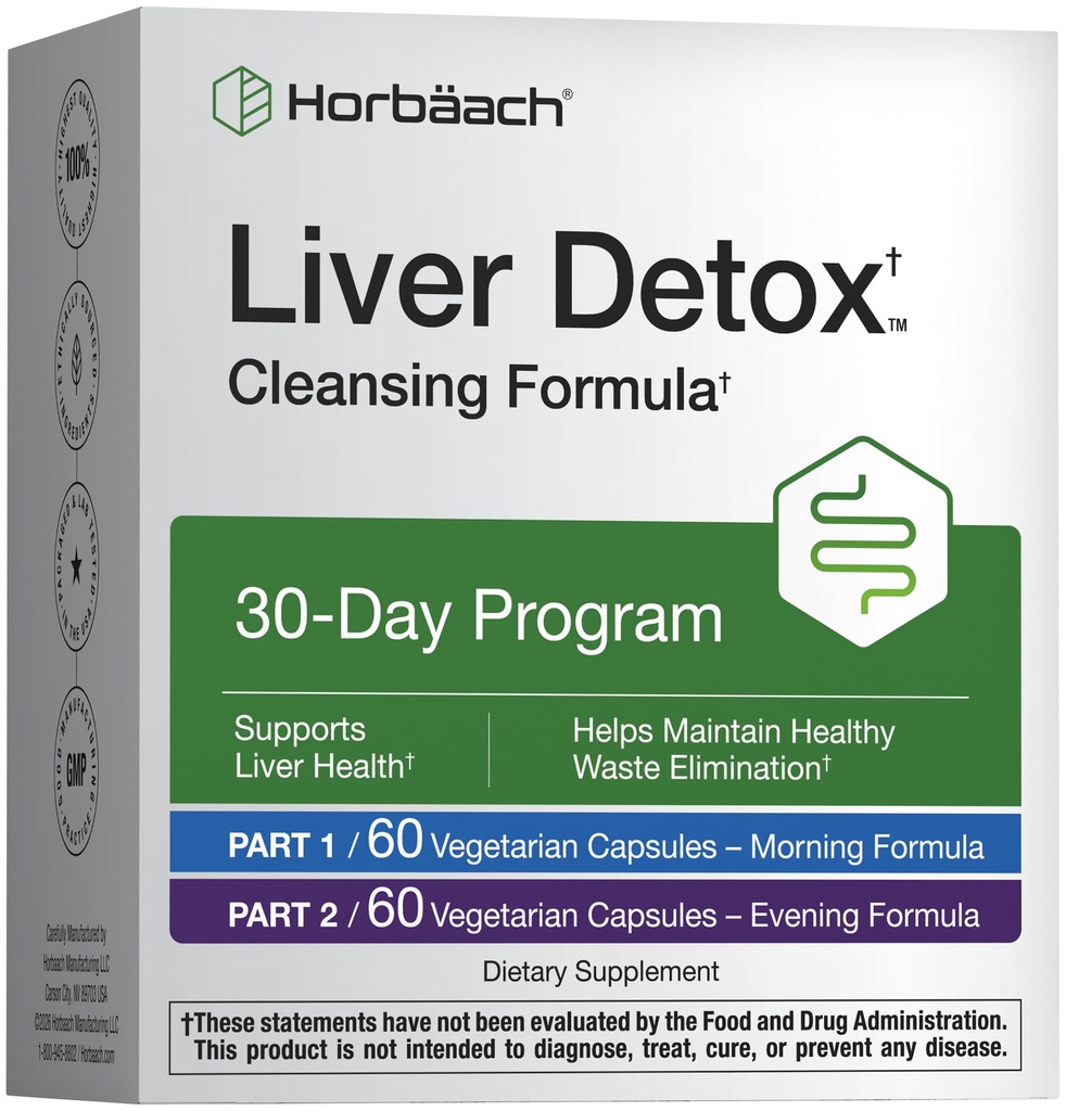 Horbäach Liver Detox | 30 Day Program | 2 Part Kit | 120 Vegetarian Capsules | Supports Liver Health | Non-GMO and Gluten Free Supplement