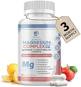 Magnesium Supplement 500mg, Magnesium Glycinat, Malate, Taurate, Citrate Complex & Herbal Extracts, Hohe Absorption Chelat 90 Vegan Non-GMO Kapseln für Balanced Wellness und Entspannung
