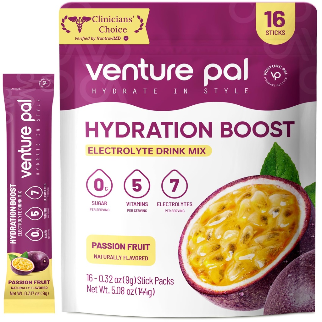 Venture Pal Sugar Free Electrolyte Powder Packets - Liquid Daily IV Drink Mix for Rapid Hydration & Party Recovery | 5 Vitamine & 7 Elektrolyte| Keto Friendly | Non-GMO | Certified Vegan | 16 Sticks