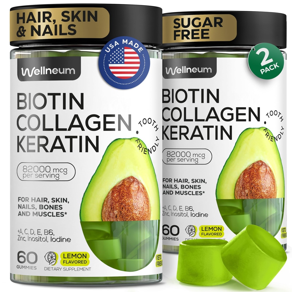 Biotin und Collagen Peptide Gummis für Haarwachstum, Haut und Nägel 120 Stück (2 Pack) - 82000 Mcg - Biotin Chewables mit Keratin Max Strength - Beauty Gummis für Damen und Herren - Sugar Free, Non-GMO