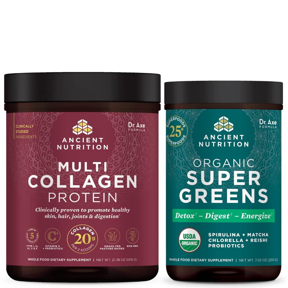 Antike Ernährung Multi Collagen Protein Pulver, Unflavored, 60 Servierungen + Supergreens Powder, Greens Flavor, 25 Servierungen