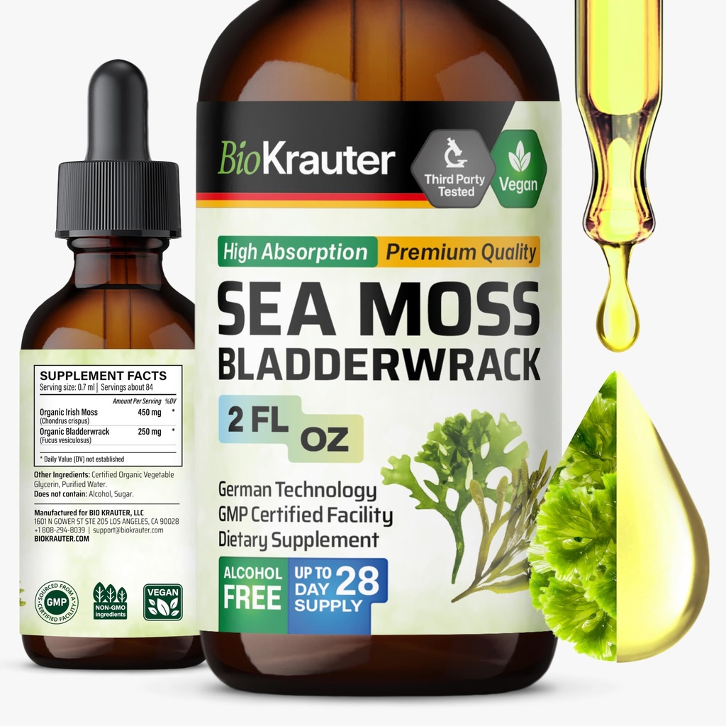 BIO KRAUTER Irish Sea Moss Drops - Chondrus Crispus Sea Moss Supplement mit Bladderwrack - Alkohol & Sugar Free Iodine Supplement - 2 Fl.Oz.