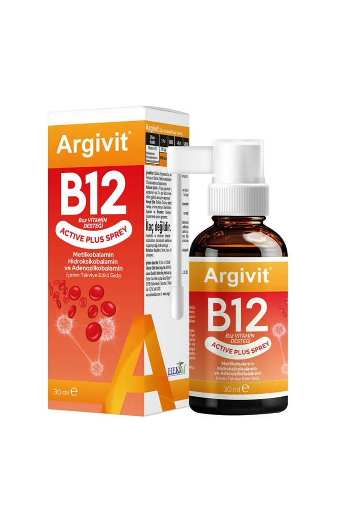 Argivit B12 Active Plus Spray, Triple B12 Formula with Methylcobalamin, Hydroxocobalamin and Adenosylcobalamin, 30 ml