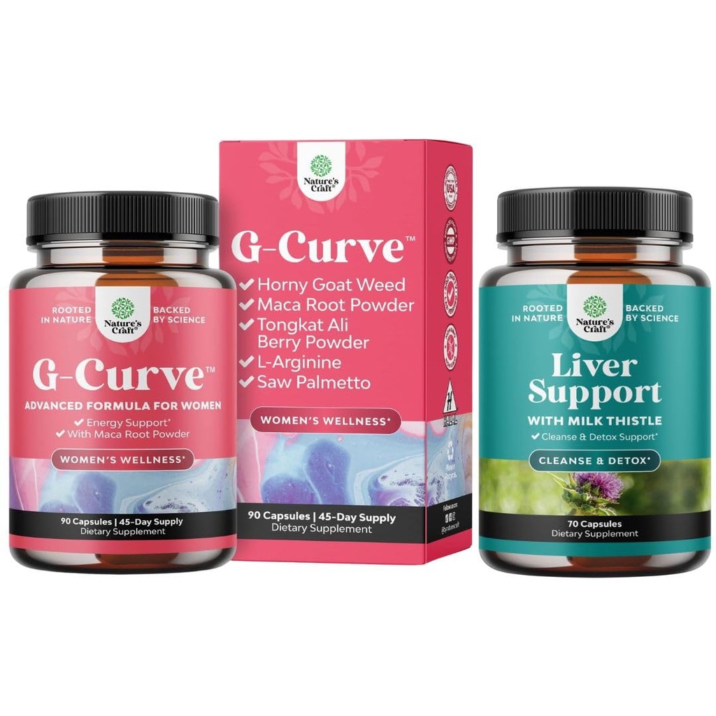 Bundle of G-Curve Butt and Breast Growth Capsules - Horny Goat Weed, Muira Puama & Maca Root and Liver Cleanse Detox & Repair - Milk Thistle Liver Support with Silymarin, Beetroot & Artichoke