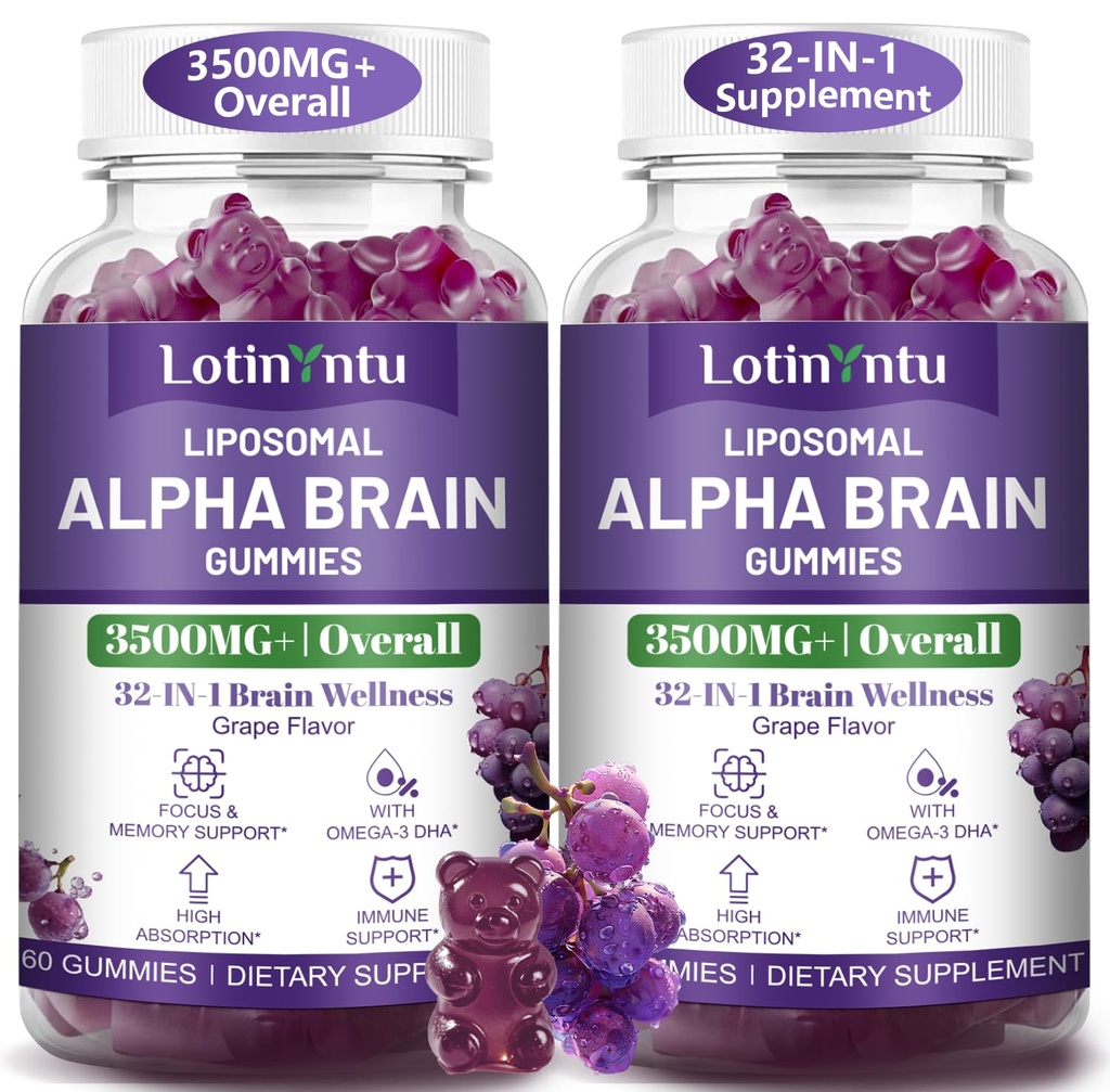 2 Pack 32 in 1 Liposomal 3500MG+ Alpha GPC Brain Neuro Focus Gummies,with Omega-3 DHA+EPA,Lutein Zeaxanthin and Caffeine etc for High Absorption for Focus & Memory Support, Immune Boost
