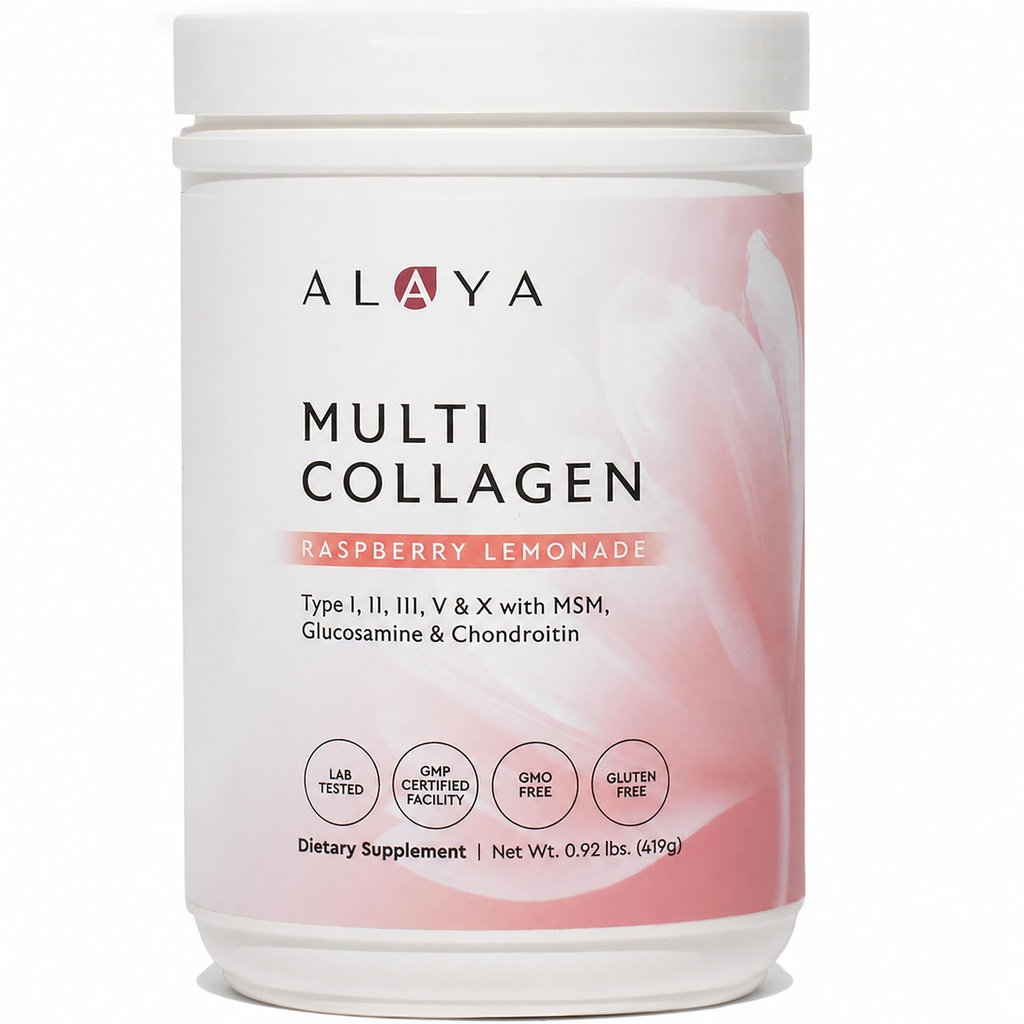 Alaya Multi Collagen Powder - Type I, II, III, V, X Hydrolyzed Collagen Peptides Protein Powder Supplement with MSM + GC (Raspberry Lemonade)