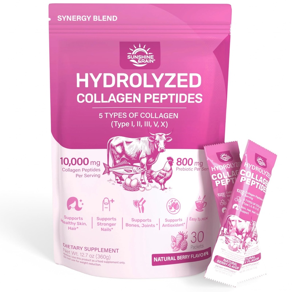 Multi Collagen Peptides Powder for Women – 10g Hydrolyzed Collagen Type I, II, III, V & X with Biotin, Hyaluronic Acid & Prebiotics | Hair, Skin, Nail & Bone Support | Berry Flavor | 30 Stick Packs