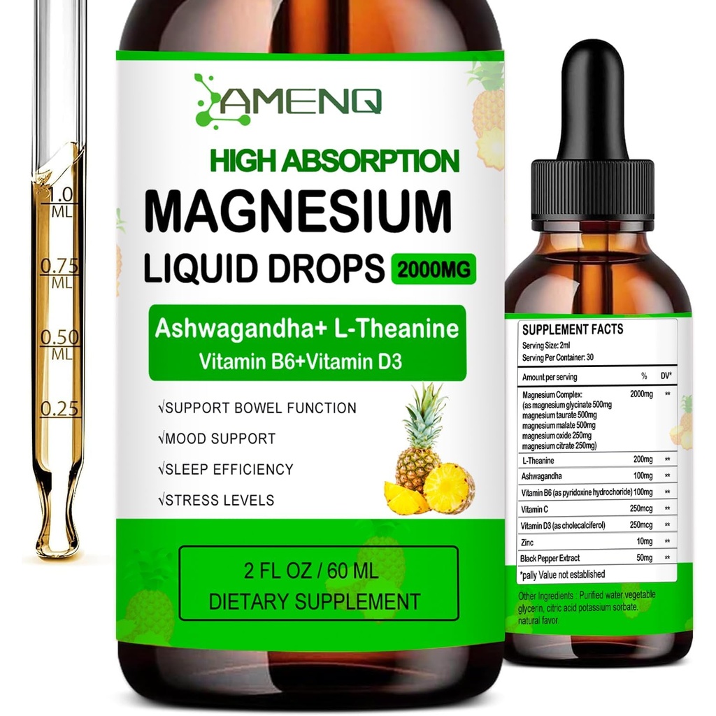 Flüssige Magnesium-Ergänzung, Organische 5-in-1-Magnesien-Komplexe Tropfen Fett, Taurat, Oxid, Malat, Citrat w/L-Theanin, Ashwagandha für Cortisol, Schlaf*, Stress, Muskel,