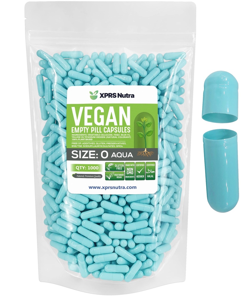 XPRS Nutra Größe 0 Leere Kapseln - 1000 Graf Leere Vegan Kapseln - Vegetarische Pillen - DIY Gemüse Kapsel Füllung- Veggie Pill Gel Kapseln für Do-It-Yourself Ergänzungen (Aqua)