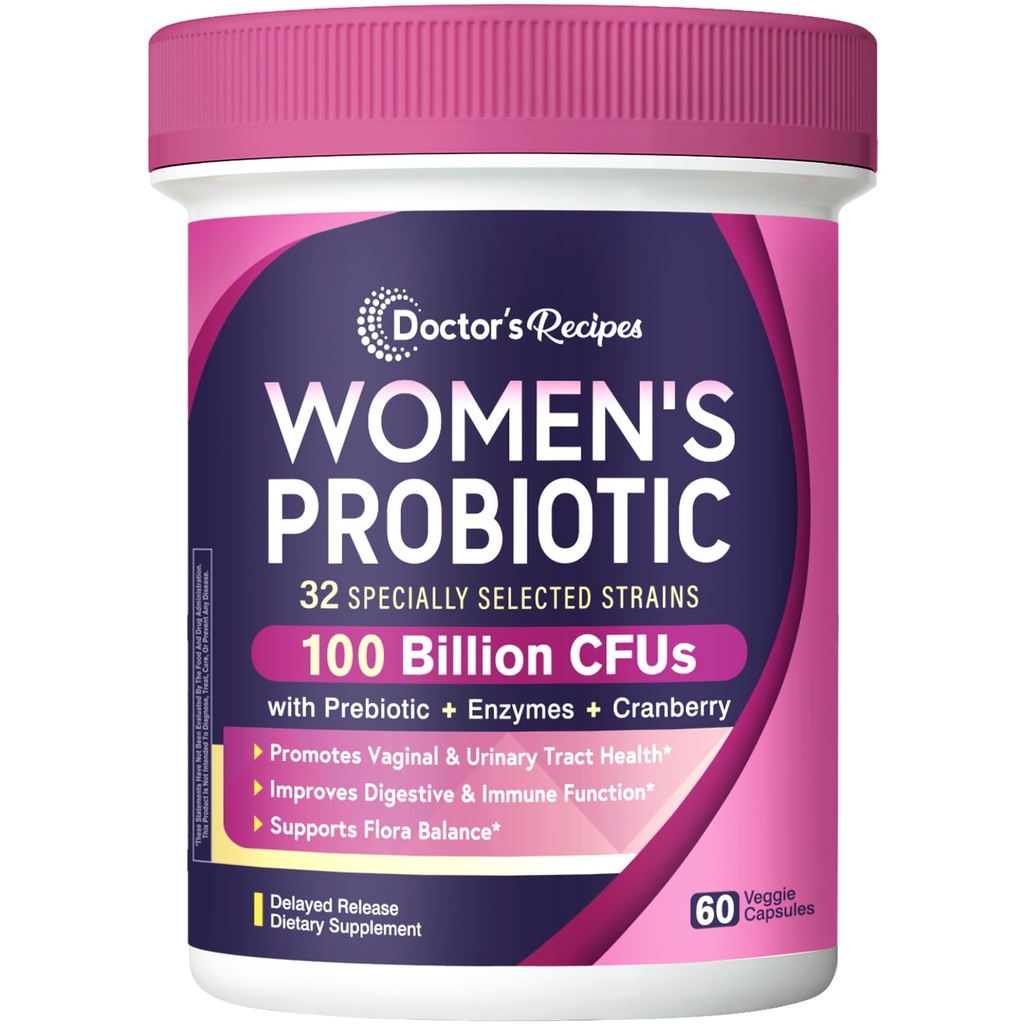 Doctor's Recipes Probiotics for Women, 100 Billion CFU 32 Strains, with Prebiotic, Enzymes & Cranberry, Shelf Stable, Delayed Release, 60 Caps