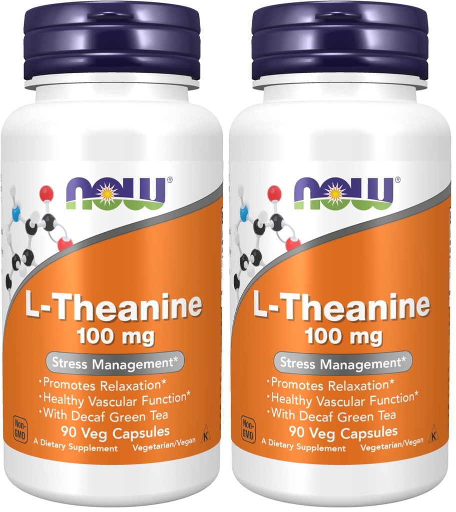 NOW Foods Supplements, L-Theanine 100 mg with Decaf Green Tea, Stress Management*, 90 Veg Capsules,(Pack of 2)
