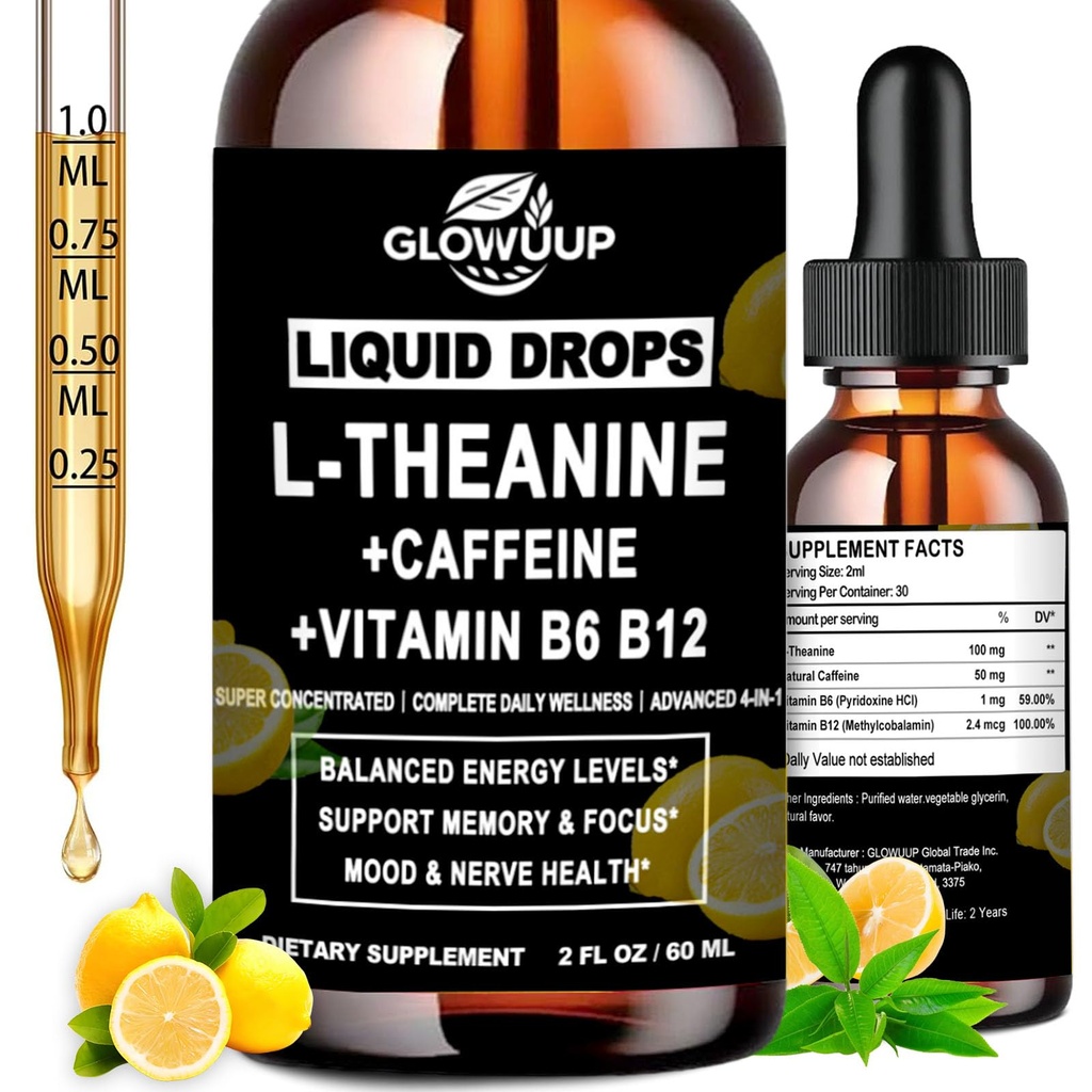 L-Theanine Supplement with Caffeine, Organic Liquid Caffeine 50mg w. L-Theanine 100mg, Vitamin B12 B6 for Focused Energy, Alertness & Recess Mood, Nootropic Brain Drops for Women & Men丨30 Days Supply