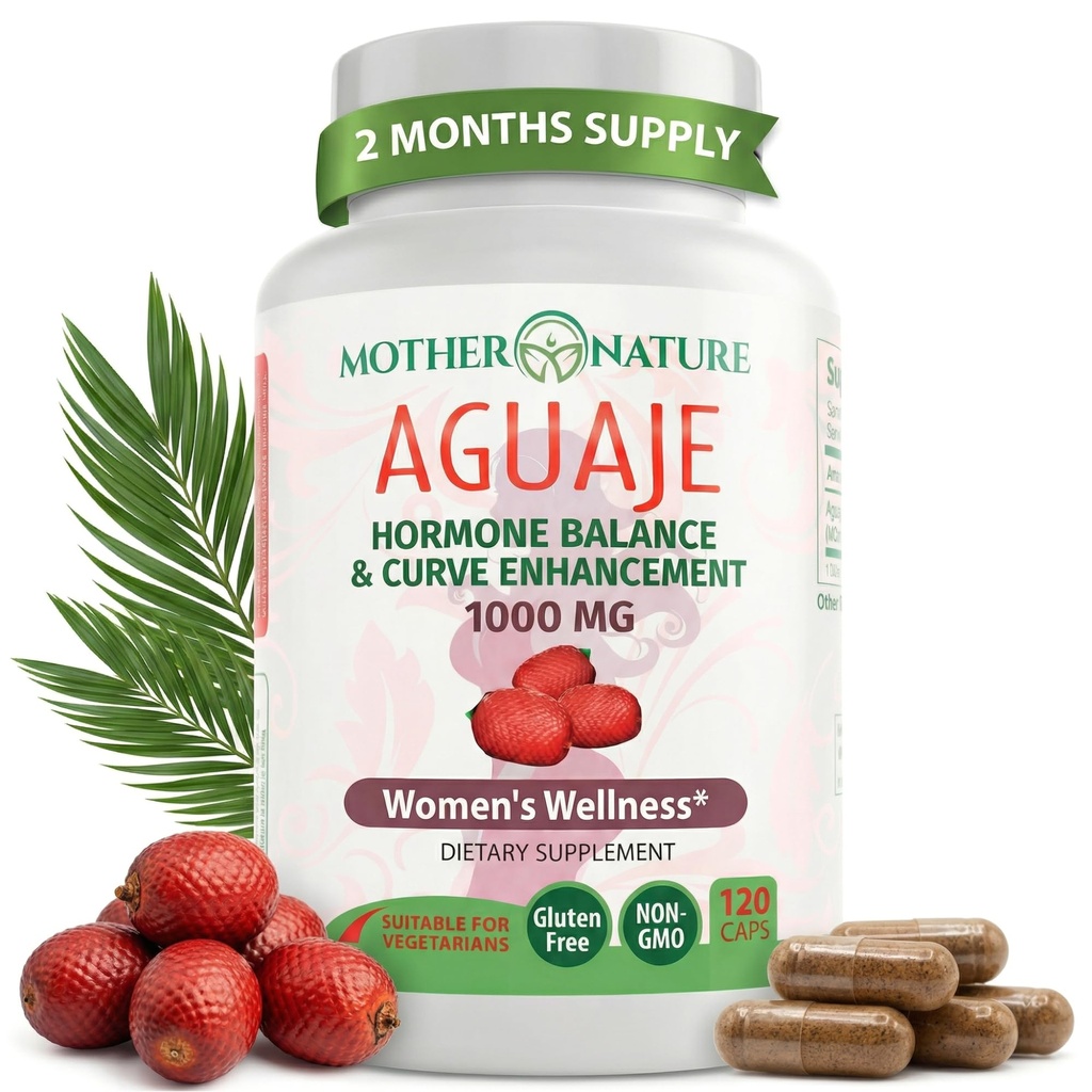 Mutter Natur Aguaje Curves Capsules für Damen, 1000mg (120ct), Natürliche und nachhaltige Quelle Aguaje Frucht aus Peru für weibliche Gesundheit, Hormon Balance, Curve Enhancer, Vegan, Non-GMO & Gluten-Free