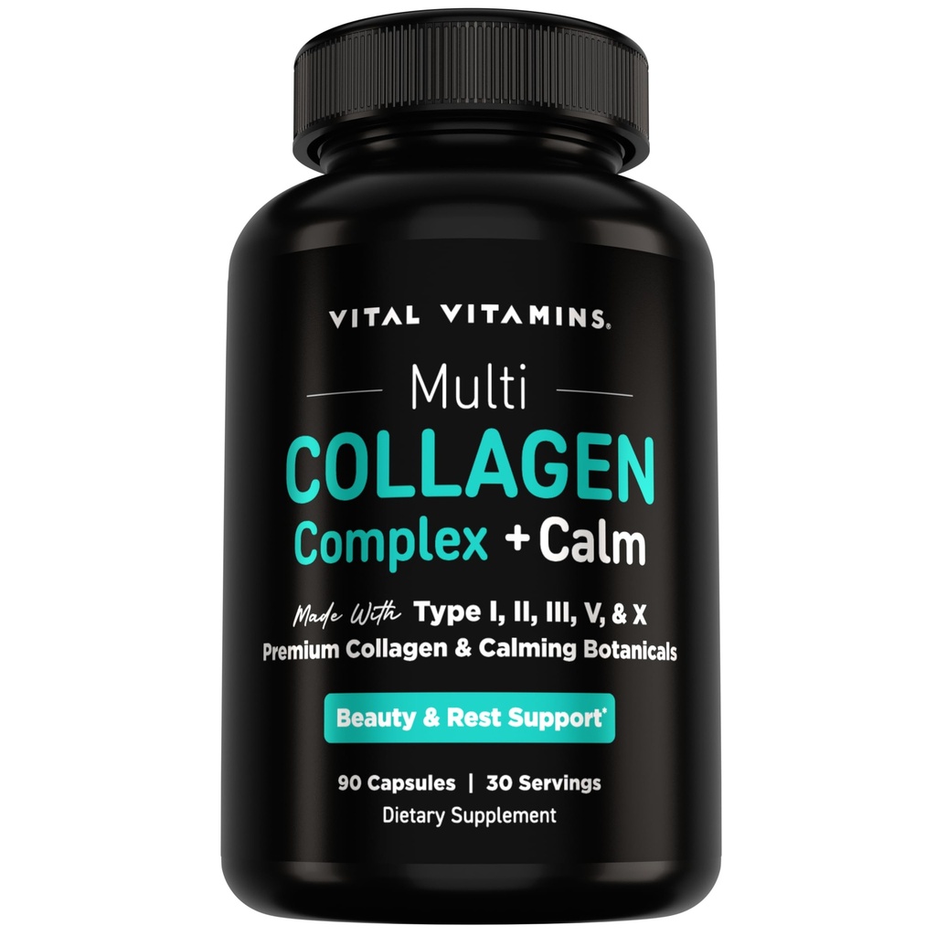 Vital Vitamins Multi Collagen Complex + Calm - 5 Collagen Types (I, II, III, V & X) for Skin, Hair, Nails & Joints - L-Theanine, Ashwagandha & Magnesium Glycinate - Melatonin-Free Relaxation - 90 Ct