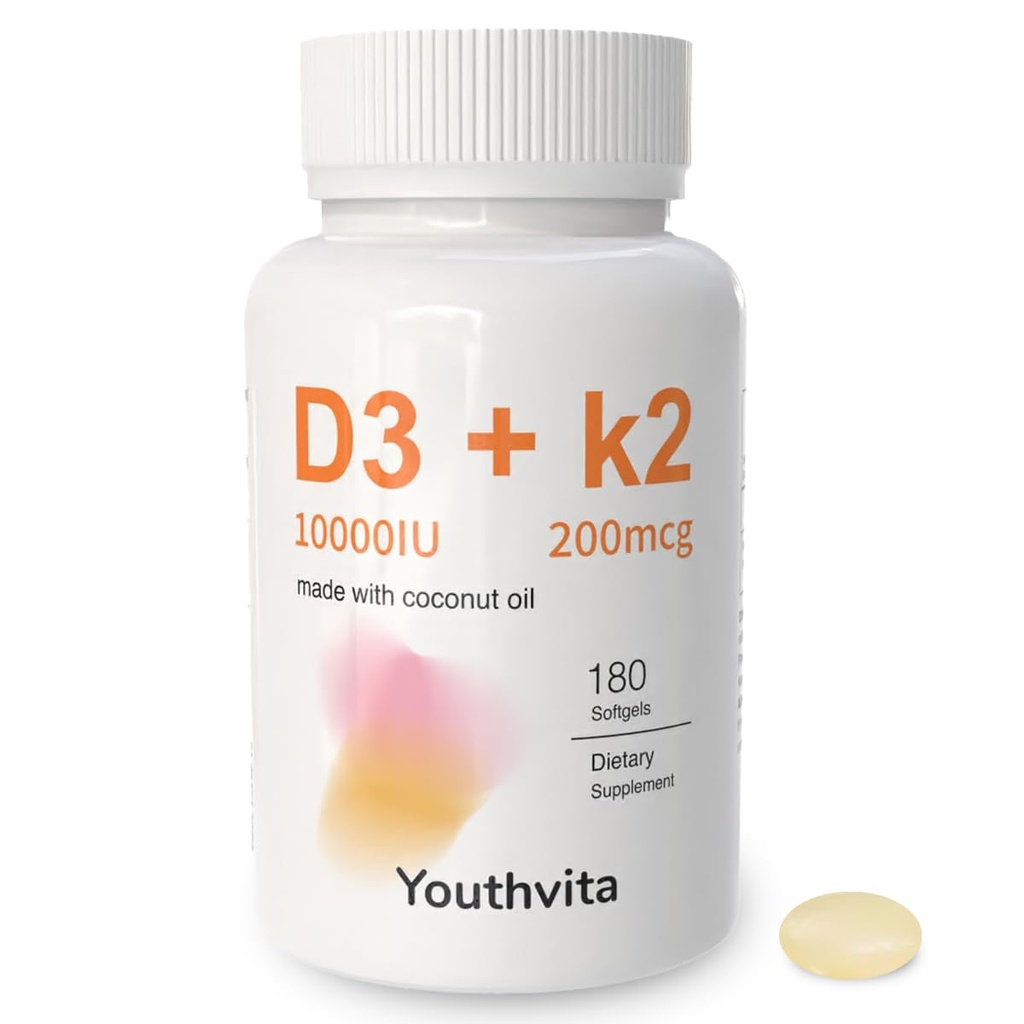 d3 k2 Vitamin 10000 iu, 180 Kokosöl Weichgele | 2 in 1 Vitamine Supplement D3 10000 IU & K2 (MK7) 200 mcg, leicht zu schlucken, unterstützt Calciumabsorption, Knochenimmun, & Herzgesundheit