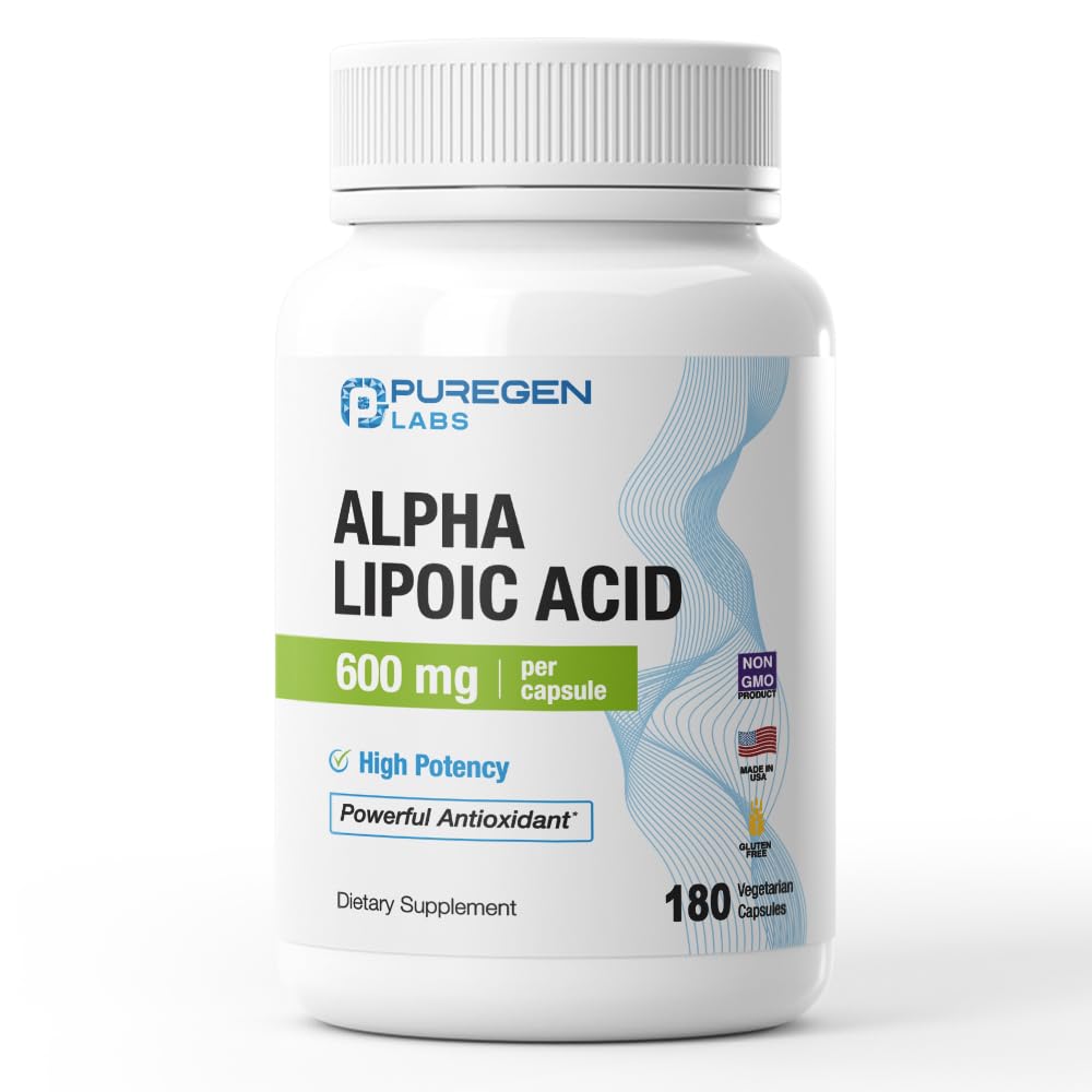Puregen Labs Alpha Lipoic Acid 600mg [High Potency] Insgesamt 360 Veggie Caps, Antioxidant Support | Keine schädlichen Additive | Non-GMO, NO Gluten und Dairy, 600 mg pro Kapsel - Made in USA - 2 Pack