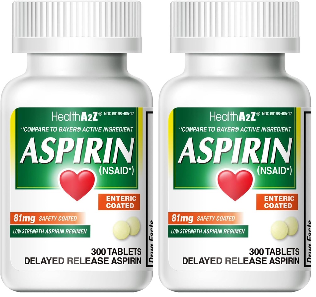 HealthA2Z® Aspirin 81 mg | Low Strength | Enteric Coated | Pain Relief | Reduces Minor Aches Muscle Pain & Cramps | Fever Reducer | Reduces Headache (300 Counts) (Pack of 2)