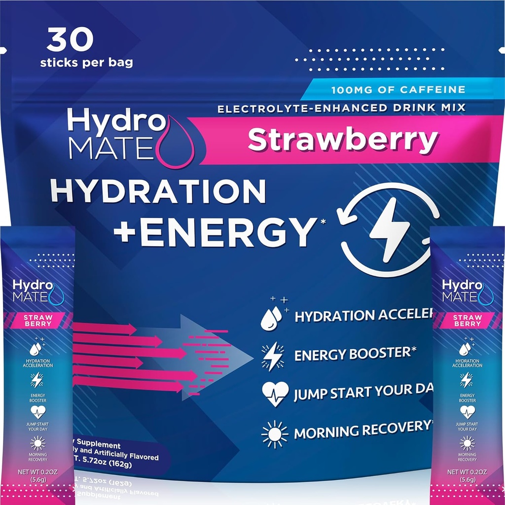 HydroMATE Elektrolyte Pulver Getränke Mix Packets Hydratation Accelerator Low Sugar Rapid Party Relief Erholung Vitamin C Plus Koffein Erdbeere 30 Count
