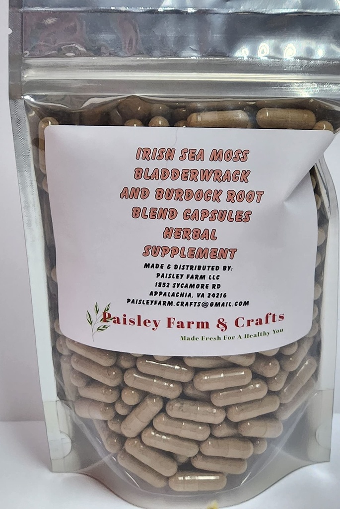 Irish Sea Moss, Burdock Root and Bladderwrack Triple Blend Powder Capsules 300 Pack - General Wellness Herbal Supplement - Made Fresh On Demand!