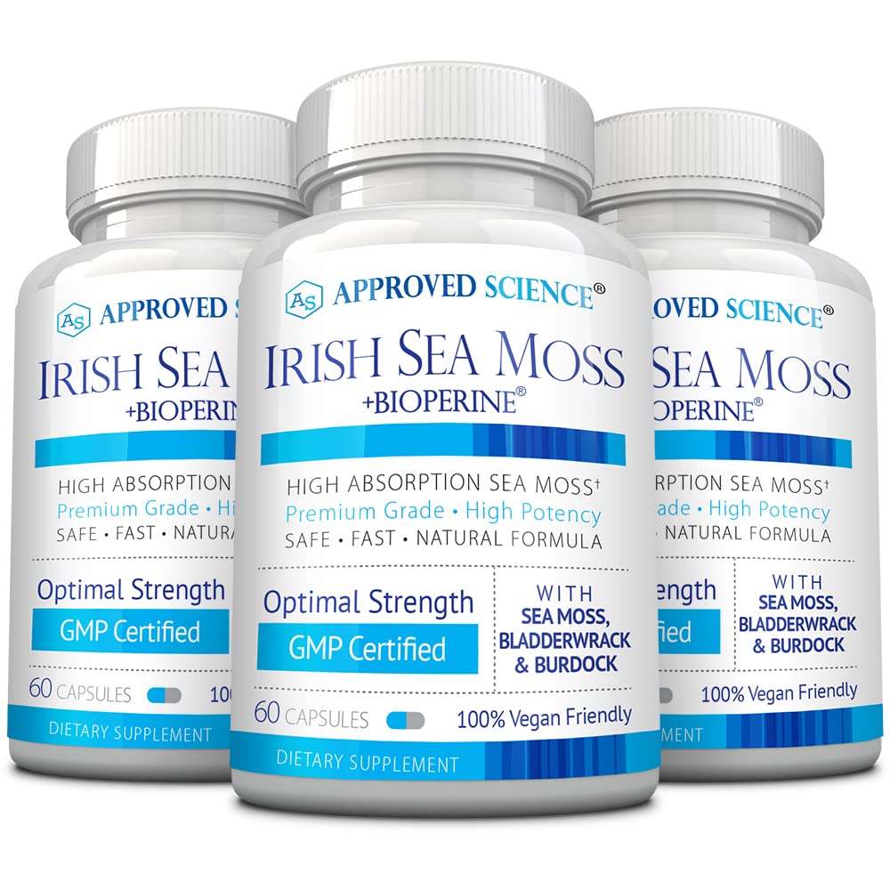 Approved Science Wild-Crafted Irish Sea Moss - Bladderwrack, Burdock - Immune, Heart, Thyroid, Gut Health, Anti-Aging Support - 180 Capsules
