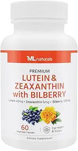 ML Naturals Premium Lutein & Zeaxanthin mit Bilberry 60 Gemüsekapseln. Lutein 40 mg, Zeaxanthin 5 mg und Bilberry 100 mg. Premium-Qualität. Gesunde Augen & Vision, NSF-zertifiziert & cGMP-Compliant