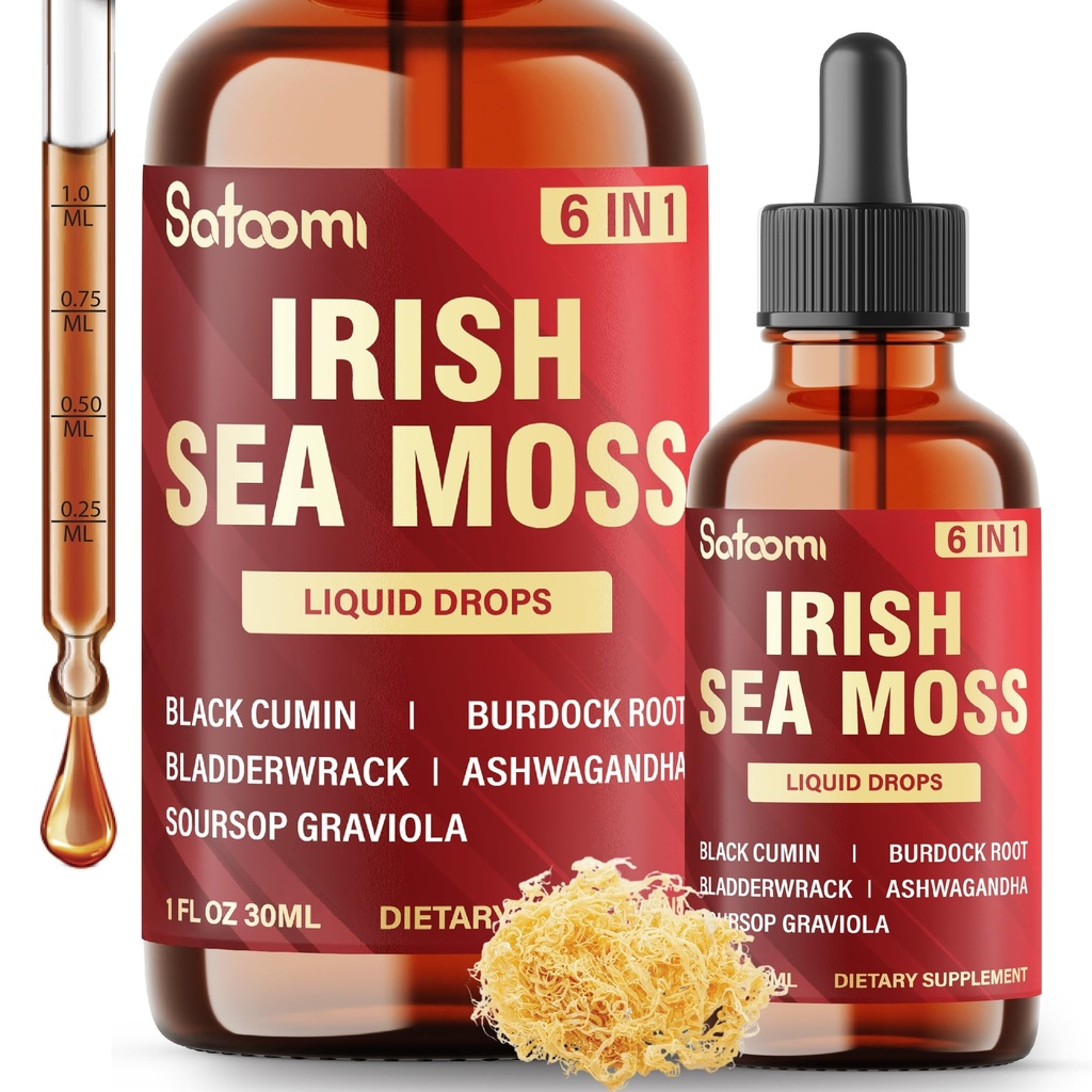 Satoomi 6in1 Sea Moss Liquid Drops Blend with Botanicals Including Black Seed, Burdock Root, Bladderwrack, Ashwagandha, and Soursop Leaves for Hair, Skin & Immune - 1 FL Oz - 30 Day Supply