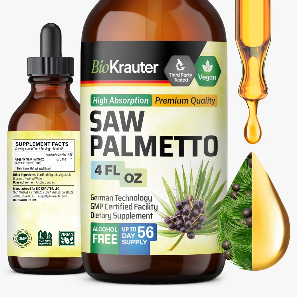 BIO KRAUTER Saw Palmetto Extract - Vegan Saw Palmetto für Männer und Frauen - Urinary Support - Alkohol & Zucker kostenlos - 4 Fl.Oz.