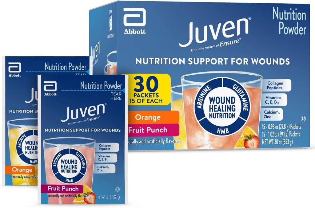 Juven Therapeutic Nutrition Drink Powder inkl. Collagen Peptide, Aminosäuren und HMB für Wound Healing Support, Variety Pack: Orange & Fruit Punch, 30 Packets