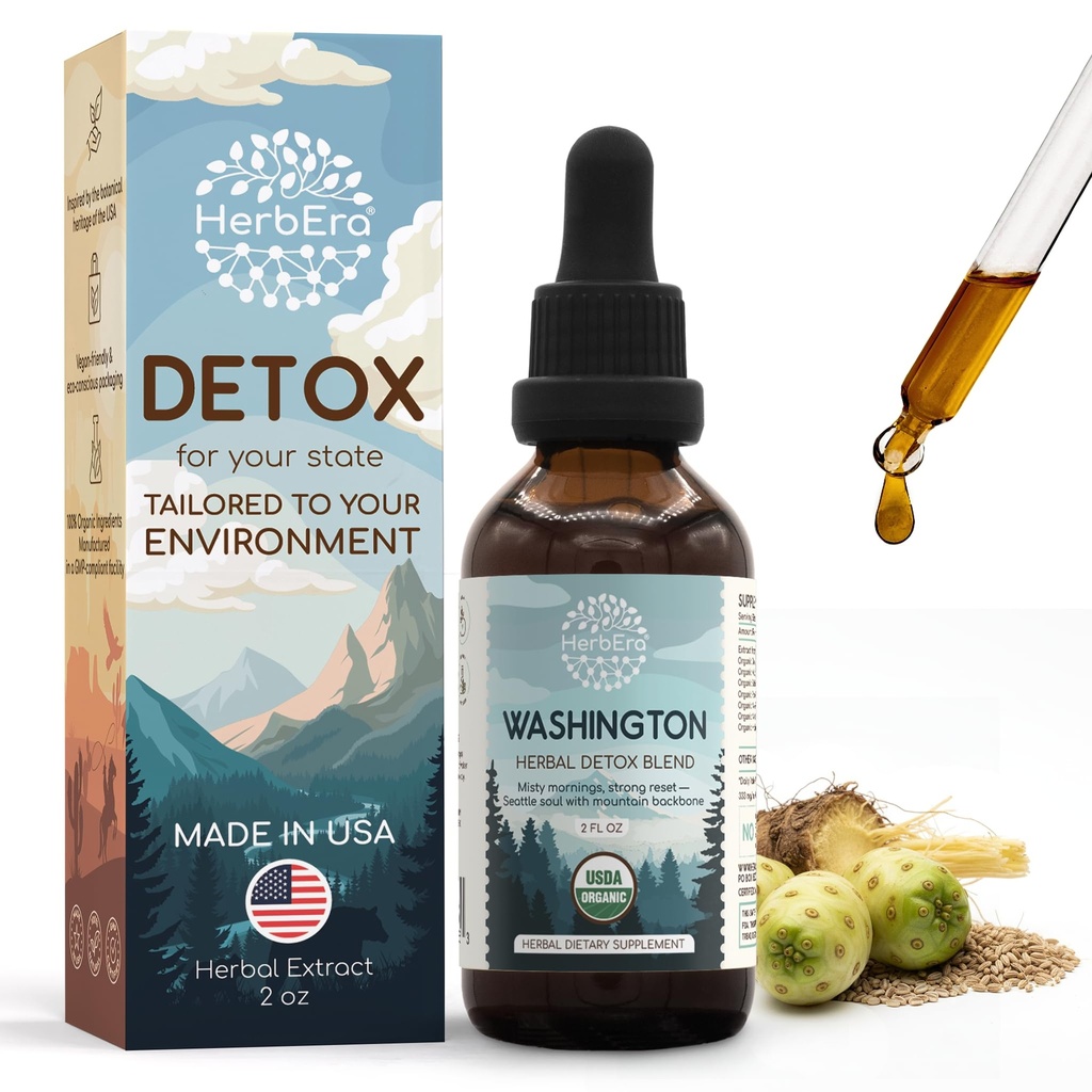 HerbEra Washington Herbal Detox Blend - USDA Organic Extract, Made in USA | Immune & Liver Support Liquid Drops | Dandelion Root, Milk Thistle, Noni, Rhodiola, Schisandra | 2 fl oz