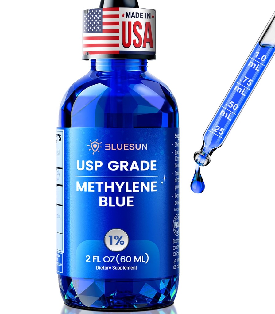 Bluesun Methylene Blue Drops 1% - USP Grade 2FL.OZ(60ml) - Third-Party Tested - Pharmaceutical Quality - Amber Glass Bottle - COA Included - Formaldehyde-Free - Made in the USA