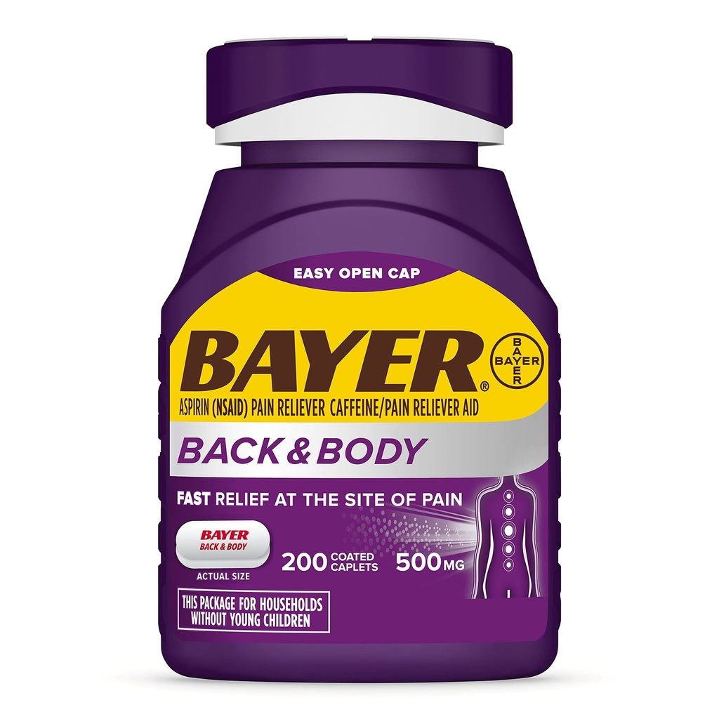 Bayer Extra Strength 500mg Aspirin Plus Koffein für leistungsfähige Schmerzlinderung, 200 beschichtete Caplets