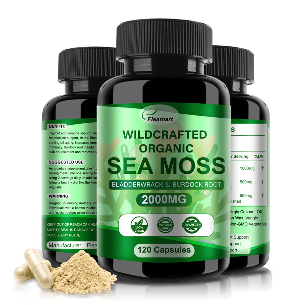 Irish Sea Moss Capsules 120ct Raw Sea Moss Wildcrafted Bladderwrack Burdock Root Capsules Super Food Immunsystem Digestive Health Sea Moss Pills