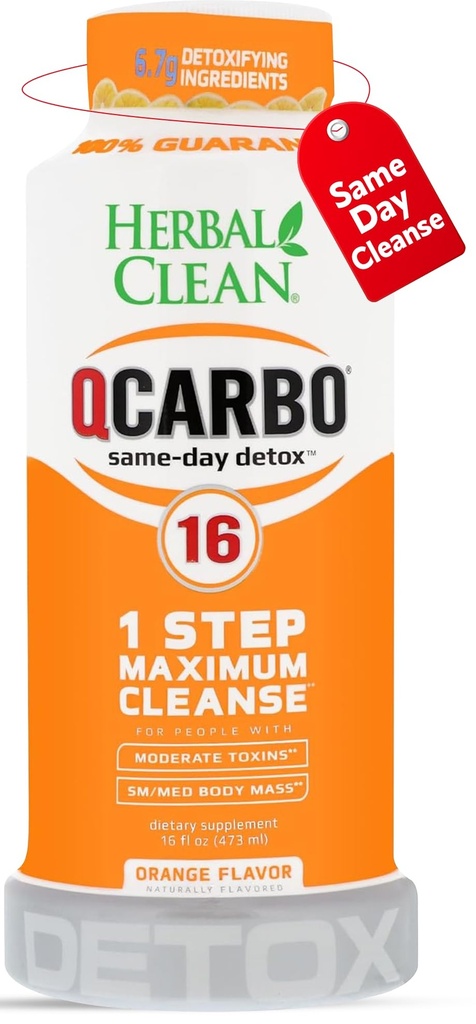 Herbal Clean Qcarbo16 Same-Day Detox Cleanse Drink (16 fl oz) - Orange Flavor Full Body Cleanse* Detox Drink for Moderate Toxin Level*, Vitamin B2 and Vitamin B12 for Men & Women