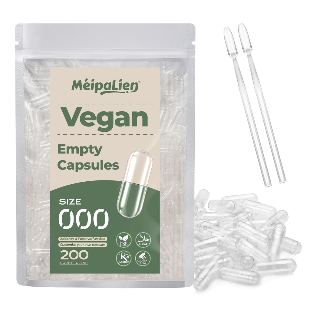 HPMC Empty Capsules Size 000-200 Clear Count Pill Capsules Empty - Plant-Based Cellulose | Vegetarian, Halal, Non-GMO | for DIY Supplement & Herbal Filling