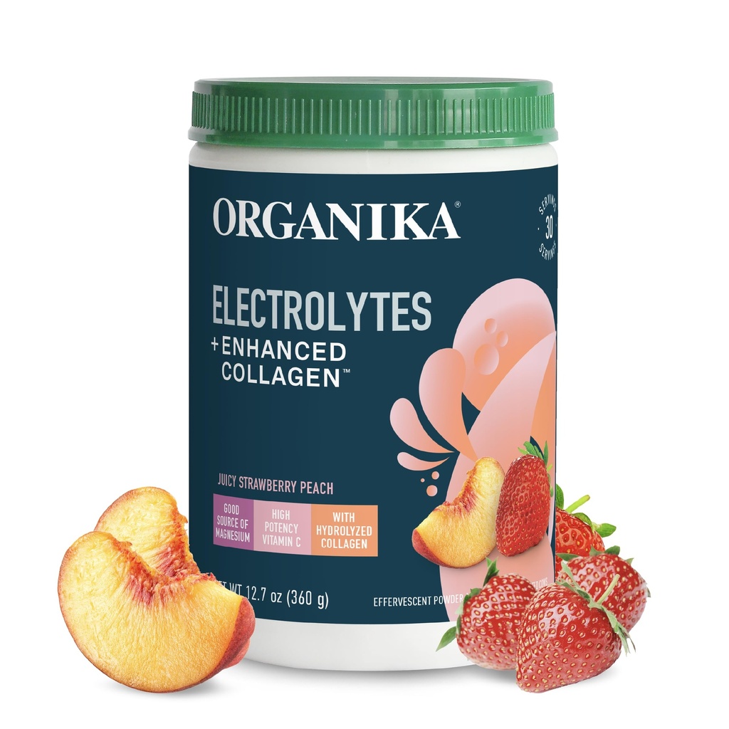 Organikа Electrolytes with Enhanced Collagen Powder for Women & Men - 13 oz - Strawberry Peach-Flavored Effervescent Electrolyte & Collagen Drink Mix - Deep Hydration, Mobility, Skin, Hair, & Nails