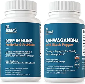 Dr. Tobias Deep Immune Probiotics & Prebiotics und Ashwagandha Kapseln, unterstützt Verdauung, Energie & Immune Gesundheit, Non-GMO
