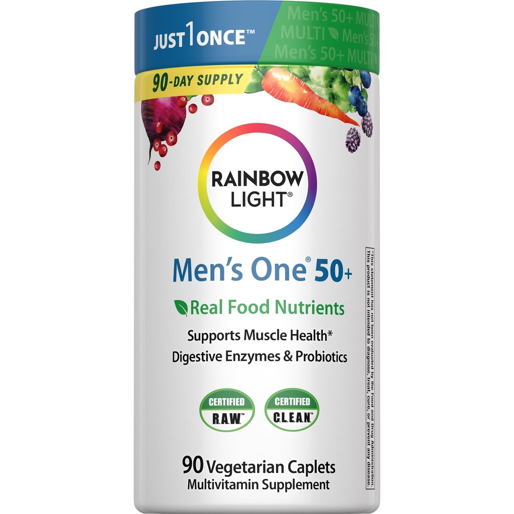 Rainbow Light Mens Multivitamin One + for 50 Plus | 90 Caplets | Supports Muscle Health | with Vitamins C, D, and Zinc | Real Food Nutrients, Digestive Enzymes & Probiotics