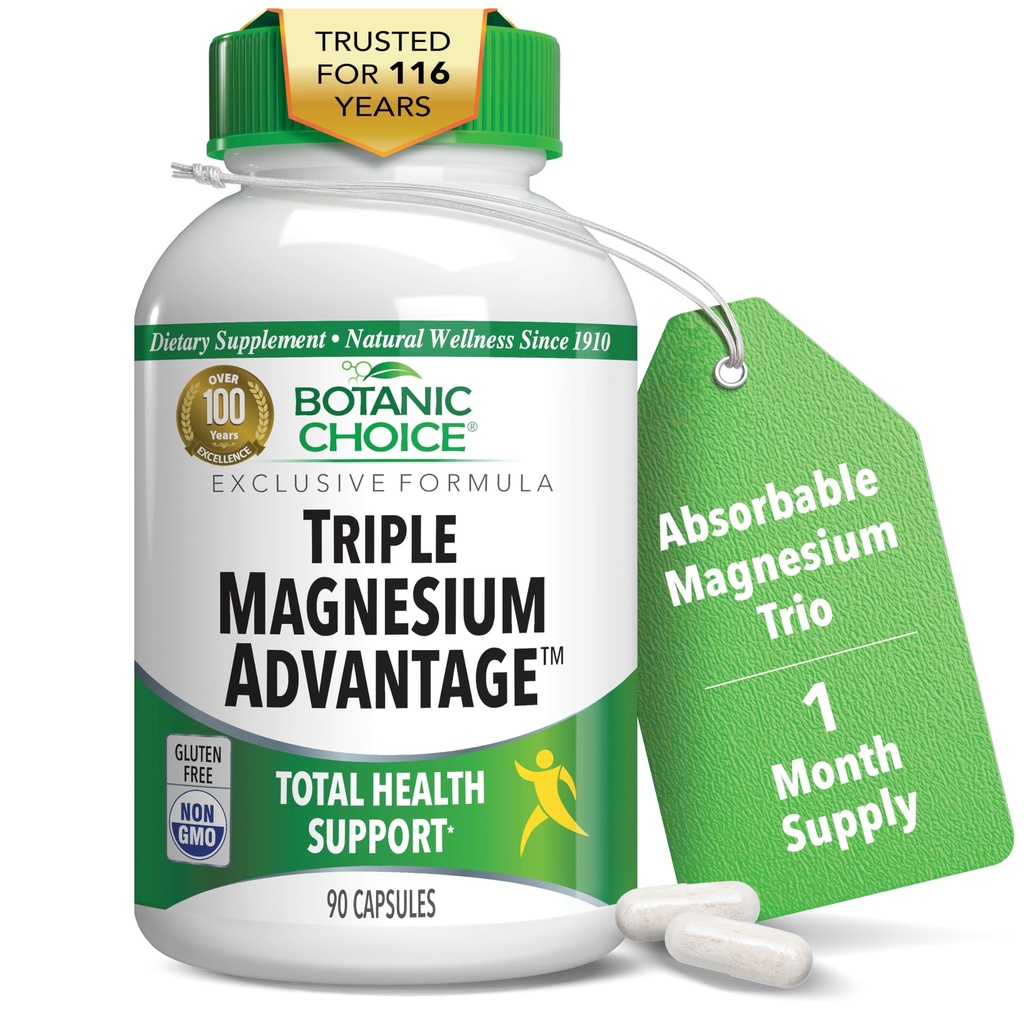 Botanic Choice Triple Magnesium Advantage - Magnesium Aspartate Citrate & Lactate Complex Supplement for Nerve, Digestive, Muscular & Heart Health for Men & Women (90 Capsules)