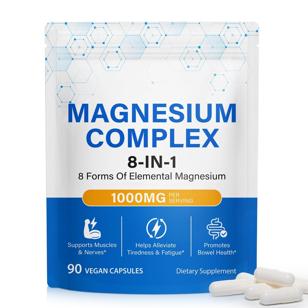 8-in-1 Magnesium Complex Supplement 90 Count, Magnesium Complex Capsules with Magnesium Glycinate, Citrate, Malate, Taurate, Easy Absorption for Sleep, Muscle Relaxation, Nerve & Heart Health, Energy