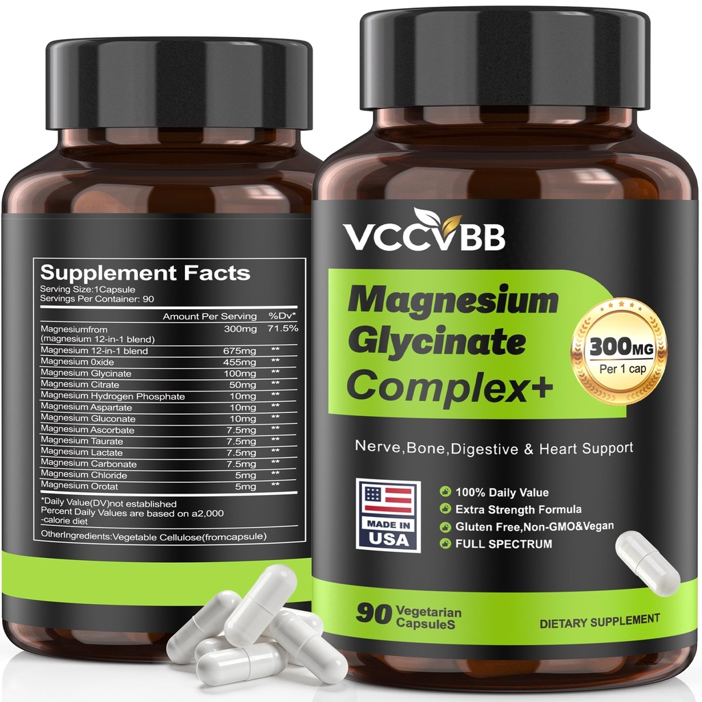 Magnesium Complex, Magnesium Glycinate, Elemental Magnesium Supplement with Oxide, Taurate, Citrate, Orotate & Aspartate, Supports Muscle Relaxation, Heart Health, Sleep & Energy | Vegan (300mg)