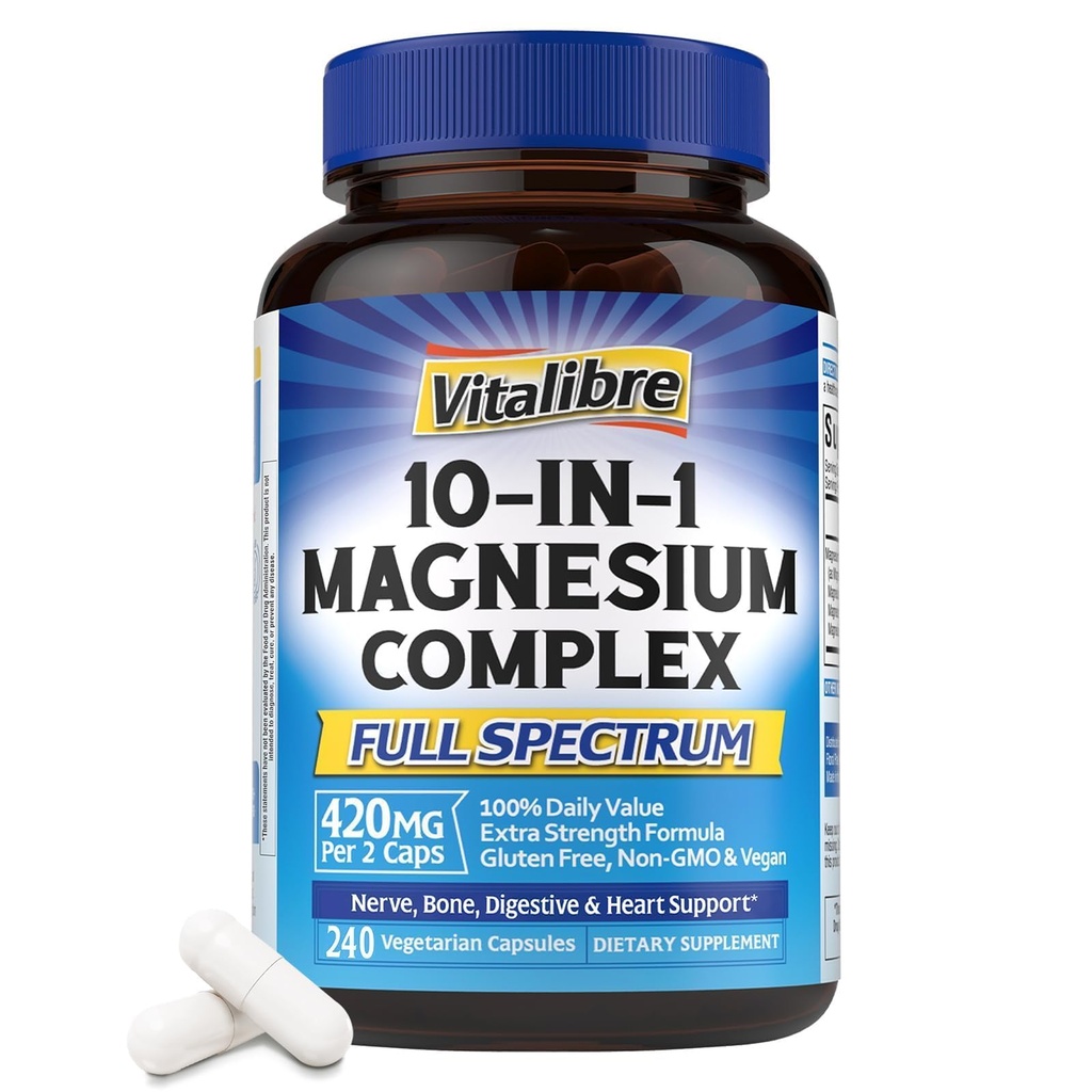 Vitalibre 10 in 1 Magnesium Complex, 420mg Elemental Magnesium | Ultra Strength, Max Absorption | Chelated Magnesium Supplement for Nerves, Bone & Heart Health | Non-GMO, 240 Vegan Capsules