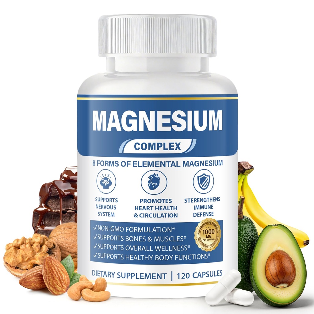 1000mg Magnesium Complex 8 in 1 for Women & Men – Magnesium Glycinate, Citrate, Malate, Taurate, Oxide, Carbonate, Aspartate, Orotate – Vegan Non-GMO, for Sleep, Fatigue & Heart Health, 120 Capsules