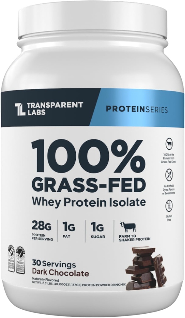 Transparent Labs Grass-Fed Whey Protein Isolate - Naturally Flavored, Gluten Free Whey Protein Powder with 28g of Protein per Serving & 9 Amino Acids - 30 Servings, Dark Chocolate