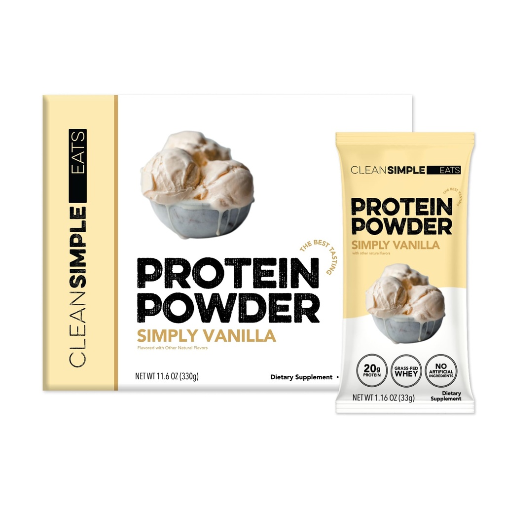 Clean Simple Eats Whey Protein Powder, Simply Vanilla Flavor Naturally Sweetened, 100% Grass Fed Protein Powder with Digestive Enzymes & No Artificial Ingredients, Gluten Free, 10 Stick Packs