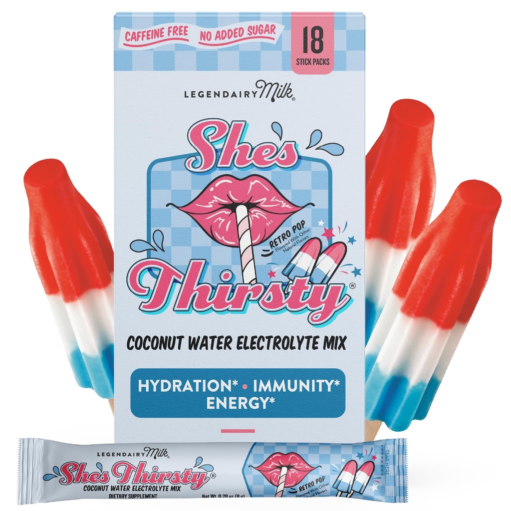 Legendairy Milk She’s Thirsty Retro Pop, No Sugar Added Electrolytes Powder Packets–Coconut Water Mix for Women, Instant Hydration Packets, Immune Support, Pregnancy Safe, 18 Ct